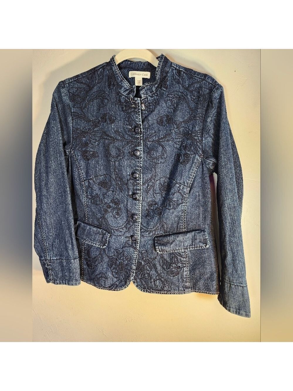 Coldwater Creek Dark Blue Embroidered Jean Fitted Jacket Sz 10p
